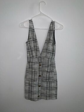 Ragdoll Gray Plaid Deep V Button-Front Mini Dress